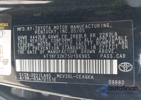 2005 Toyota Camry Xle V6 from USA, damaged, VIN 4T1BF32K75U106965